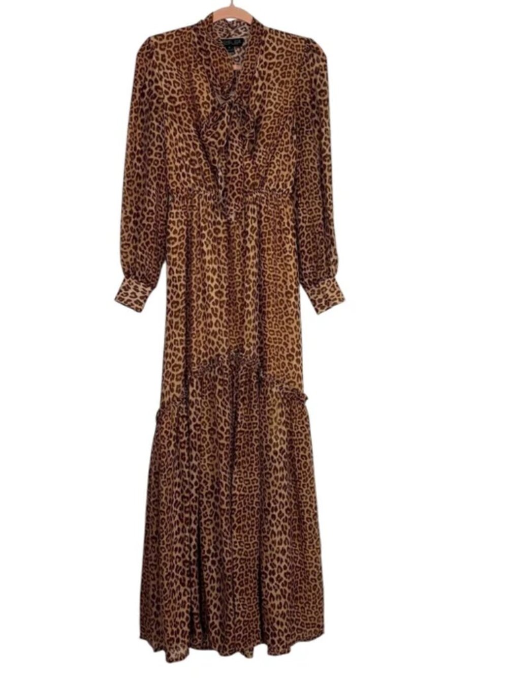 Rachel Zoe Leopard Print Tie Neck Long Sleeve Maxi Dress Size 4